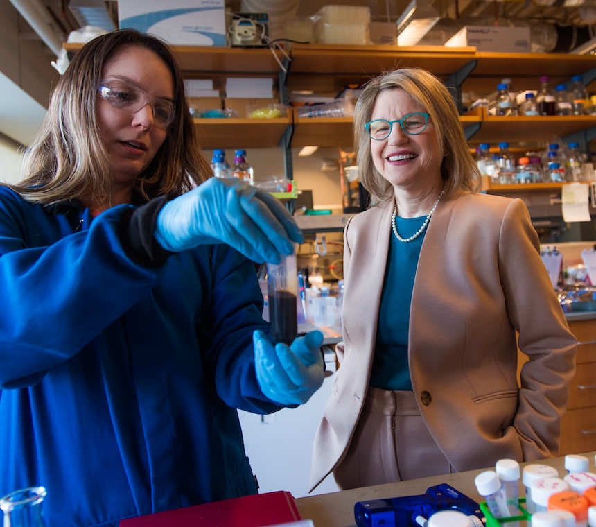 MIT President Sally Kornbluth chatting with a student