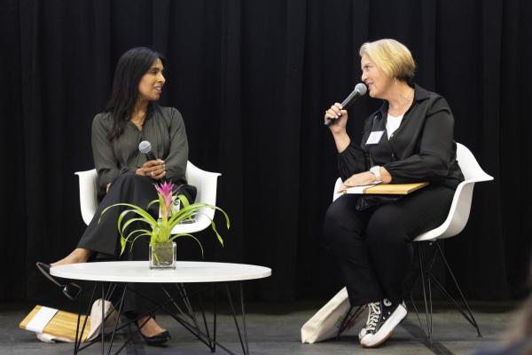 Two Founder Awards were given to MIT Professor Sangeeta Bhatia, left, and Johnson &amp; Johnson Innovation Head Michal Preminger for their work bringing people together to achieve hard things that benefit humanity.