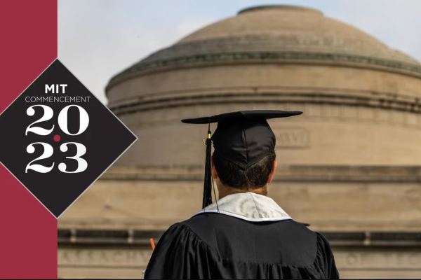 2023 MIT Undergraduate Commencement video thumbnail of student in cap and gown with 2023 text graphic.