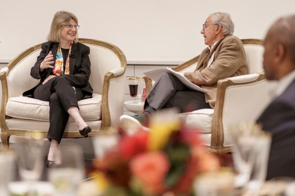 President Kornbluth (left) talks with Jim Champy (right), chair of the School of Engineering Dean's Advisory Council.