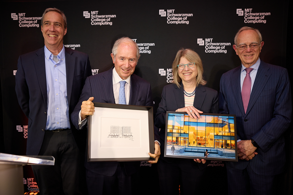 Left to right: Dan Huttenlocher, dean of the MIT Schwarzman College of Computing; Stephen A. Schwarzman, chair, CEO, and co-founder of Blackstone; MIT President Sally Kornbluth; and MIT President Emeritus L. Rafael Reif pose at the dedication ceremony for MIT Schwarzman College of Computing building.